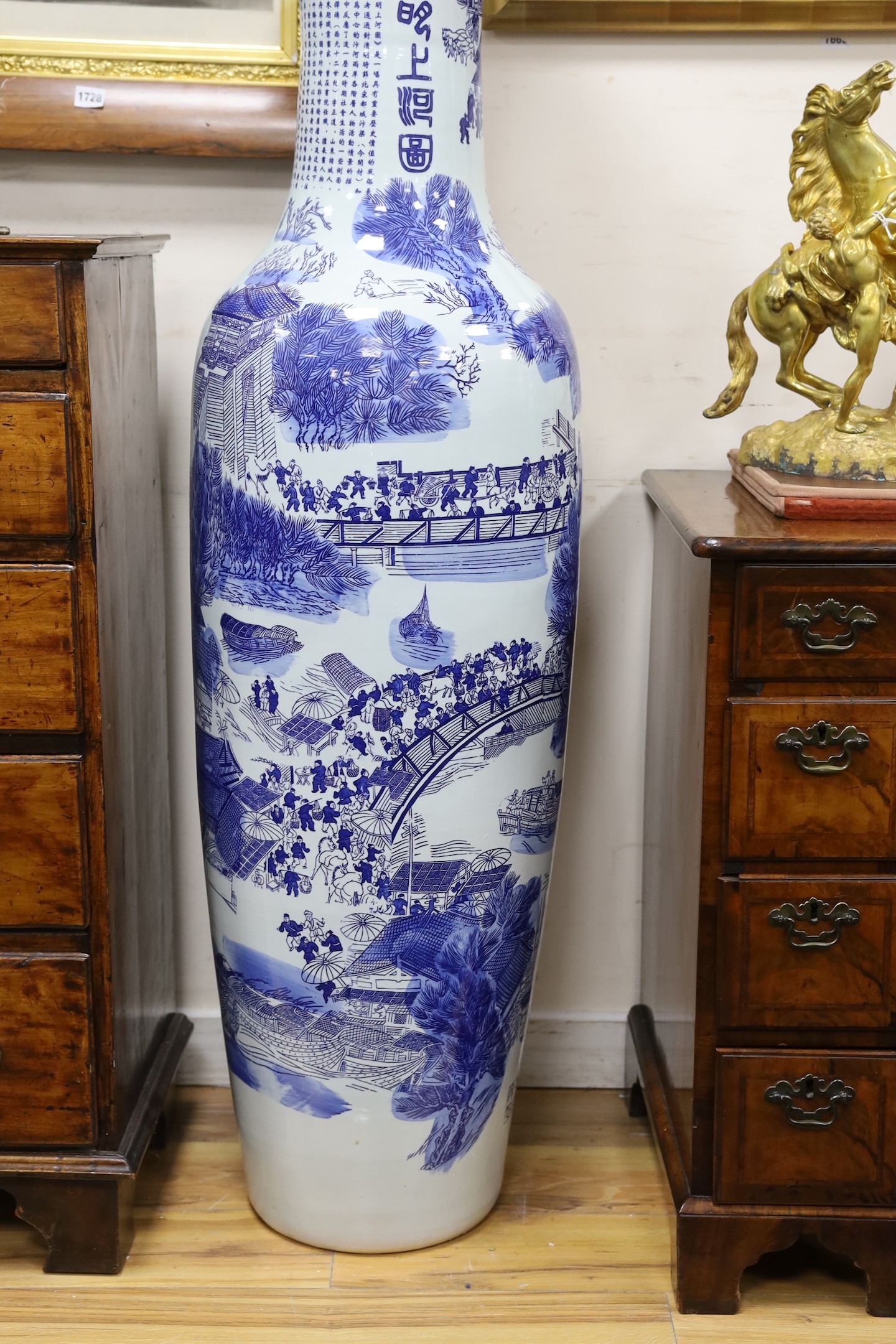 A pair of massive Chinese blue and white vases, 142cm